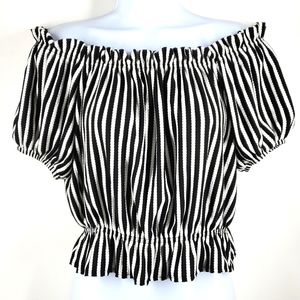 H and M Black White Stripped Elastic Neckline Short Sleeves Top M NWOT